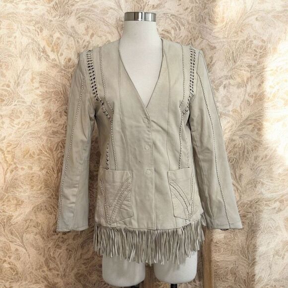 Coldwater Creek Leather Tan Brown Fringe Jacket Coat Concho Medium Large - Picture 1 of 9